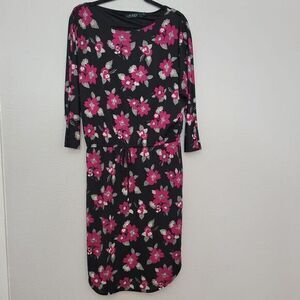 Ralph Lauren Dress Medium Black Pink Floral Batwing Long Sleeve Cinch Waist‎